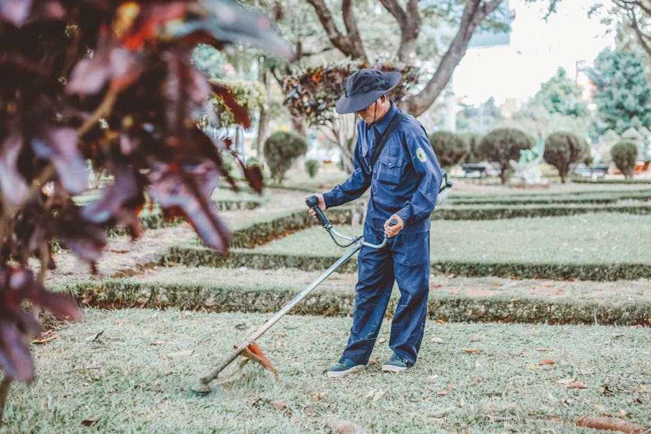 A gardener dressed in a dark blue uniform and wide-brimmed hat is using a strimmer to trim grass in a well-maintained garden. The garden features neatly shaped lawn areas bordered by low, trimmed hedg